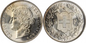 SWITZERLAND. 5 Francs, 1909-B. Bern Mint. PCGS MS-64.
KM-34. A somewhat better date, a few bagmarks on Helvetia hold this example back from Gem statu...