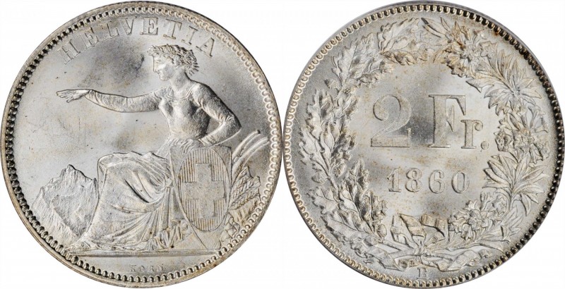 SWITZERLAND. 2 Francs, 1860-B. Bern Mint. PCGS MS-65.
KM-10a. A sharply struck ...
