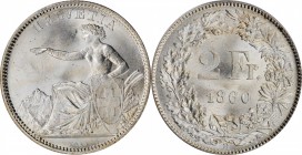 SWITZERLAND. 2 Francs, 1860-B. Bern Mint. PCGS MS-65.
KM-10a. A sharply struck and highly lustrous example of the type with nice smooth satiny surfac...