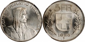 SWITZERLAND. 5 Francs, 1926-B. Bern Mint. NGC MS-66.
KM-38. Tied with just one other example as the finest graded in the NGC census, this stunning Ge...