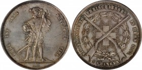 SWITZERLAND. Bern Shooting Festival 5 Francs, 1857. PCGS MS-64.
KMX-S4; R-181a; HMZ-2-1343b. Mintage: 5,195. Struck to commemorate the shooting festi...