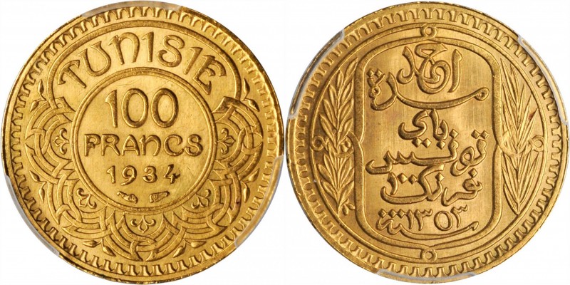 TUNISIA. 100 Francs, AH 1353 (1934). Paris Mint. PCGS MS-65 Gold Shield.
Fr-14;...