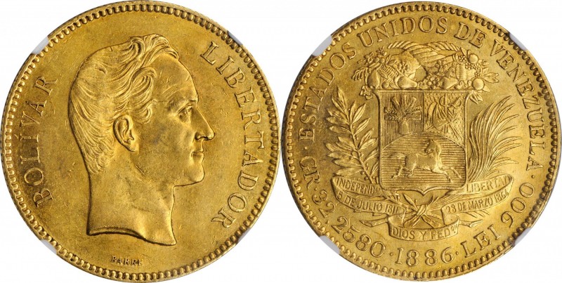 VENEZUELA. 100 Bolivares, 1886. Caracas Mint. NGC MS-61.
Fr-2; KM-Y-34; Stohr-5...