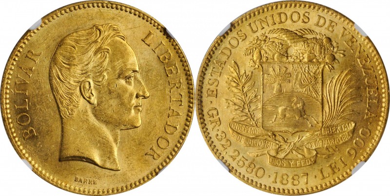 VENEZUELA. 100 Bolivares, 1887. Caracas Mint. NGC MS-62.
Fr-2; KM-Y-34; Stohr-5...