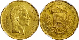 VENEZUELA. 100 Bolivares, 1888. Caracas Mint. NGC AU-58.
Fr-2; KM-Y-34. Some scattered bag marks and very light handling is noted, but pleasing color...