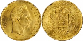 VENEZUELA. 100 Bolivares, 1889. Caracas Mint. NGC MS-63.
Fr-2, KM-Y-34; Stohr-51. Mintage: 10,000. The single finest certified of the type on the NGC...