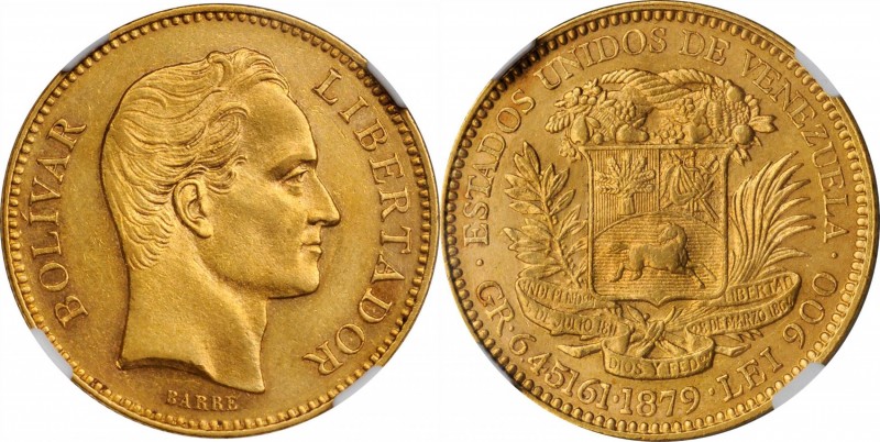 VENEZUELA. 20 Bolivares, 1879. Brussels Mint. NGC AU-58.
Fr-5; KM-Y-32; Stohr-4...