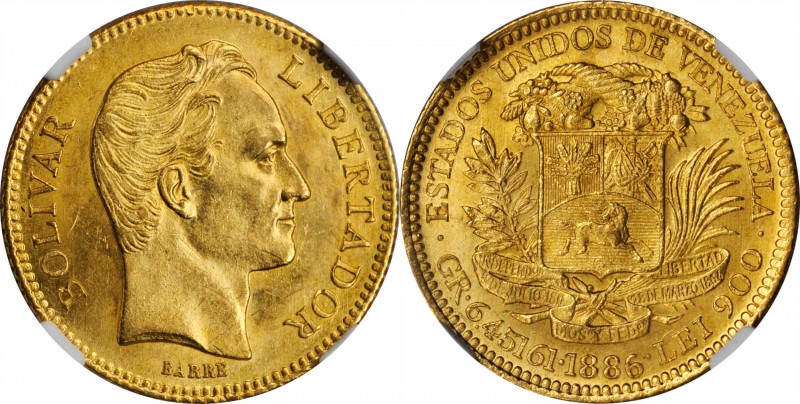 VENEZUELA. 20 Bolivares, 1886. Caracas Mint. NGC MS-62.
Fr-5a; KM-Y-32; Stohr-5...