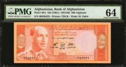 AFGHANISTAN. Bank of Afghanistan. 500 Afghanis, ND (1961). P-40A. PMG Choice Uncirculated 64.
A nearly Gem 500 Afghanis note, found with appealing or...