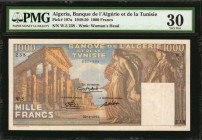 ALGERIA. Banque de L'Algerie et de la Tunisie. 1000 Francs, 1949-50. P-107a. PMG Very Fine 30.
Watermark of woman's head. A highly detailed design of...