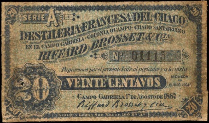 ARGENTINA. Campo Gabriela. 20 Centavos, 1887. P-Unlisted. Fine.
A scarce offeri...