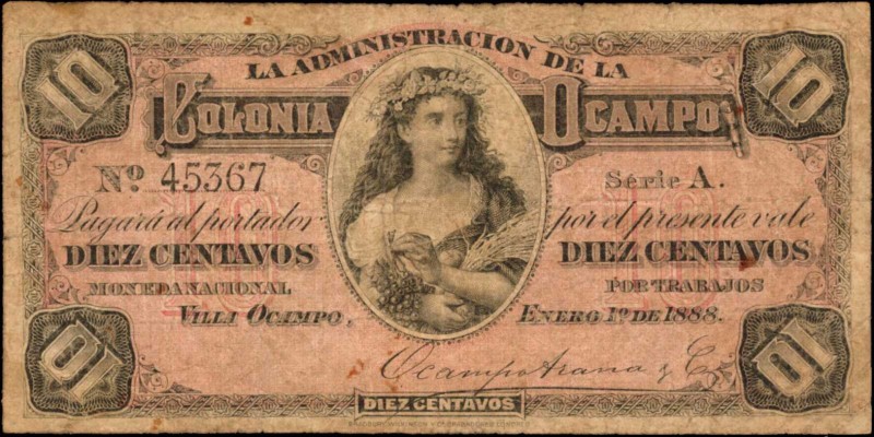 ARGENTINA. Administration de la Colonia Ocampo. 10 Centavos, 1888. P-Unlisted. V...