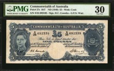 AUSTRALIA. Commonwealth of Australia. 5 Pounds, ND (1949). P-27c. PMG Very Fine 30.
Appealing early King George VI type. Third signature combination ...
