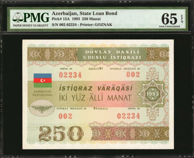 AZERBAIJAN. State Loan Bank. 250 Manat, 1993. P-13A. PMG Gem Uncirculated 65 EPQ...