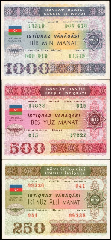 AZERBAIJAN. State Loan Bank. 250, 500 & 1000 Manat, 1993. P-13A, 13B, & 13C. Abo...