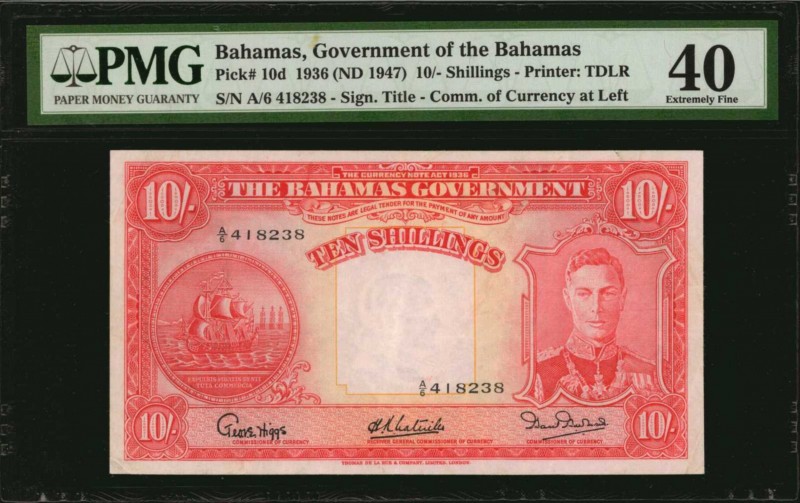 BAHAMAS. Bahamas Government. 10 Shillings, 1936. P-10d. PMG Extremely Fine 40.
...