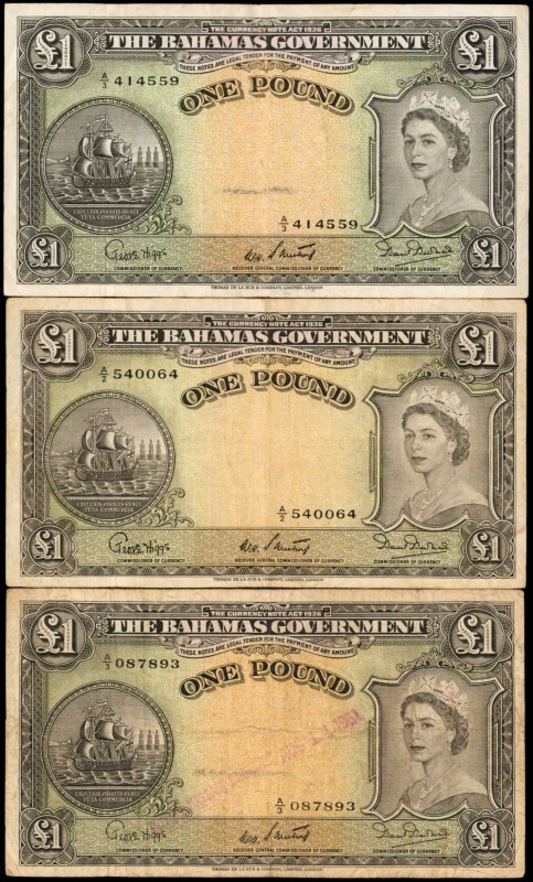 BAHAMAS. Bahamas Government. 1 Pound, 1954. P-15b. Fine.
A trio of 1 Pound Baha...