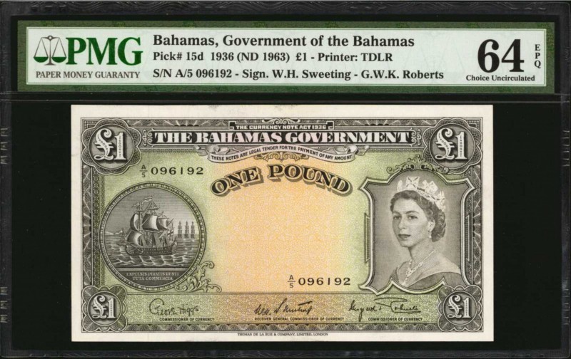 BAHAMAS. Bahamas Government. 1 Pound, 1936 (ND 1963). P-15d. PMG Choice Uncircul...