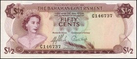 BAHAMAS. Bahamas Government. 1/2 Dollar, 1965. P-17a. About Uncirculated to Uncirculated.
65 pieces in lot. A large hoard of 1/2 Dollar notes, found ...