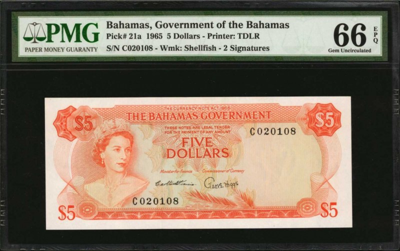 BAHAMAS. Bahamas Government. 5 Dollars, 1965. P-21a. PMG Gem Uncirculated 66 EPQ...