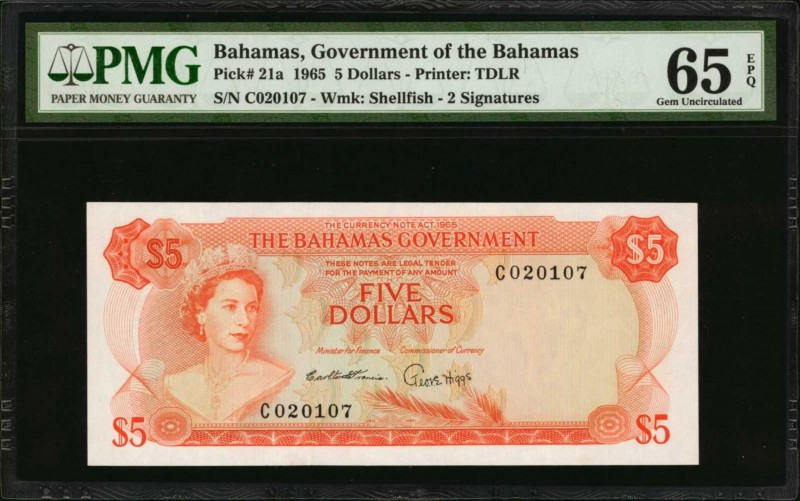 BAHAMAS. Bahamas Government. 5 Dollars, 1965. P-21a. PMG Gem Uncirculated 65 EPQ...