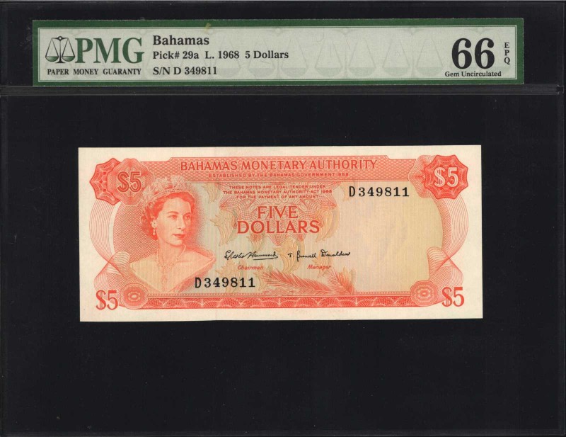BAHAMAS. Monetary Authority. 5 Dollars, 1968. P-29a. PMG Gem Uncirculated 66 EPQ...