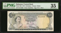 BAHAMAS. Central Bank. 10 Dollars, 1974. P-38b. PMG Choice Very Fine 35.
Second type of this Queen Elizabeth II series. Signature W.C. Allen. Prefix ...