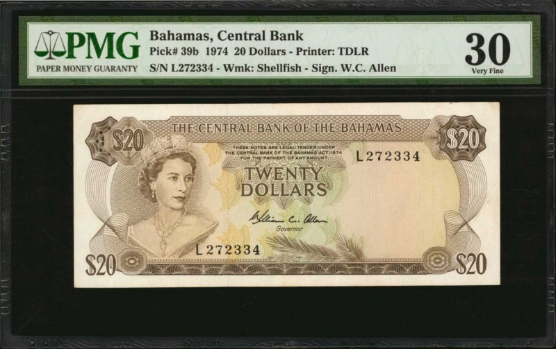 BAHAMAS. Central Bank. 20 Dollars, 1974. P-39b. PMG Very Fine 30.
Printed by TD...
