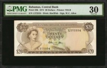 BAHAMAS. Central Bank. 20 Dollars, 1974. P-39b. PMG Very Fine 30.
Printed by TDLR. Watermark of shellfish at right. A Very Fine example of this 20 Do...