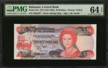 BAHAMAS. Central Bank. 20 Dollars, 1974 (ND 1984). P-47b. PMG Choice Uncirculated 64 EPQ.
A nearly Gem example of this colorful 20 Dollars note.
Est...