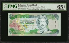 BAHAMAS. Central Bank. 10 Dollars, 1996. P-59. PMG Gem Uncirculated 65 EPQ.
Printed by TDLR. Watermark of sailing ships. Signature of J.H. Smith.
Es...