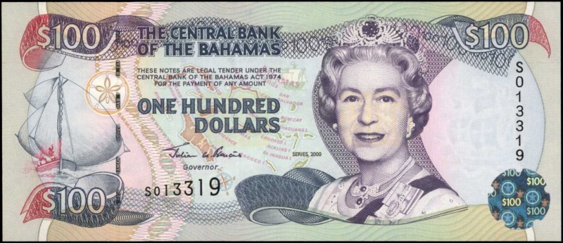 BAHAMAS. Central Bank. 100 Dollars, 2000. P-67. About Uncirculated.
Printed by ...