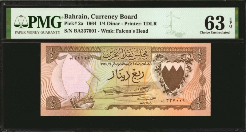 BAHRAIN. Currency Board. 1/4 Dinar, 1964. P-2a. PMG Choice Uncirculated 63 EPQ....