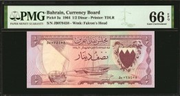 BAHRAIN. Currency Board. 1/2 Dinar, 1964. P-3a. PMG Gem Uncirculated 66 EPQ.
Printed by TDLR. Watermark of Falcon's head. Bright and eye catching col...
