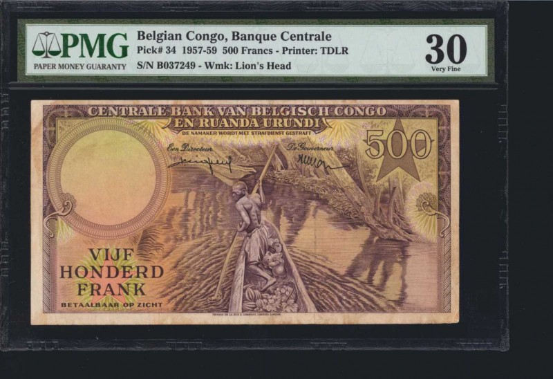 BELGIAN CONGO. Banque Centrale. 500 Francs, 1957-59. P-34. PMG Very Fine 30.
Pr...