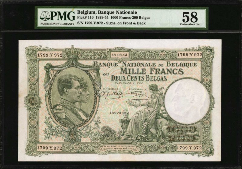 BELGIUM. Banque Nationale. 1000 Francs, 1939-44. P-110. PMG Choice About Uncircu...