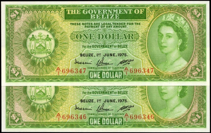 BELIZE. Government of Belize. 1 Dollar, 1975. P-33b. Consecutive. Uncirculated....