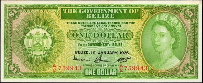 BELIZE. Government of Belize. 1 Dollar, 1976. P-33c. About Uncirculated.
A scar...