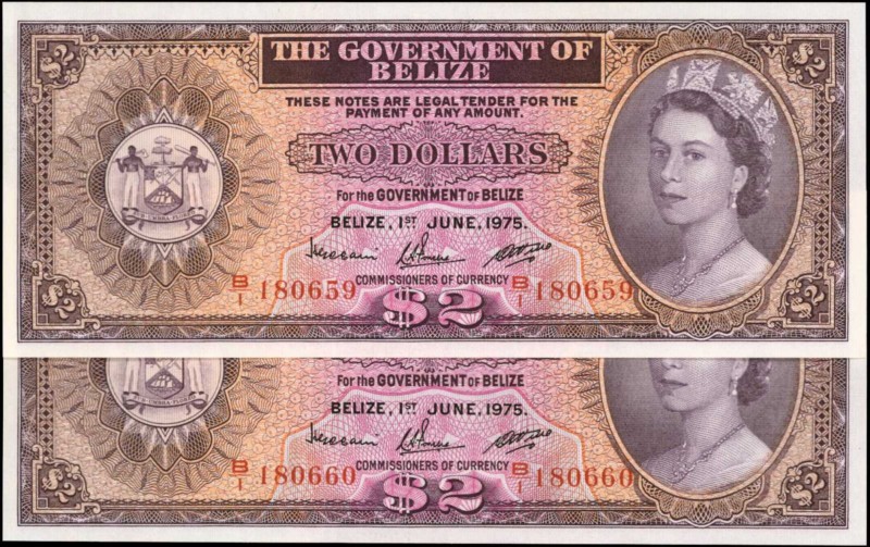 BELIZE. Government of Belize. 2 Dollars, 1975. P-34b. Consecutive. Uncirculated....