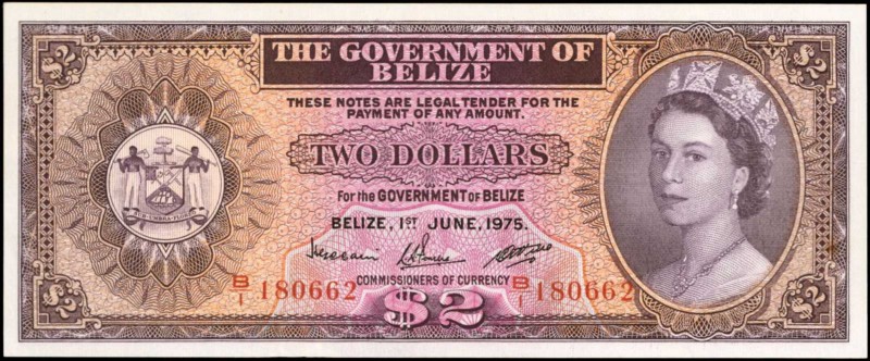 BELIZE. Government of Belize. 2 Dollars, 1975. P-34b. About Uncirculated.
Brigh...