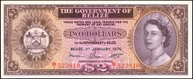BELIZE. Government of Belize. 2 Dollars, 1976. P-34c. About Uncirculated.
Vivid ink stands out on this About Uncirculated QEII Government of Belize 2...