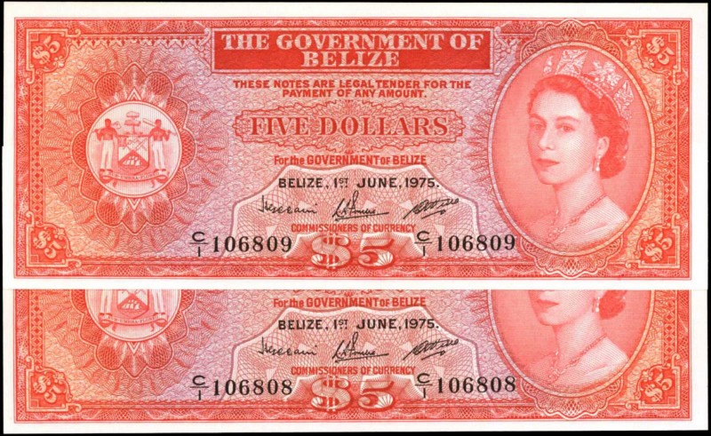 BELIZE. Government of Belize. 5 Dollars, 1975. P-35a. Consecutive. Uncirculated....