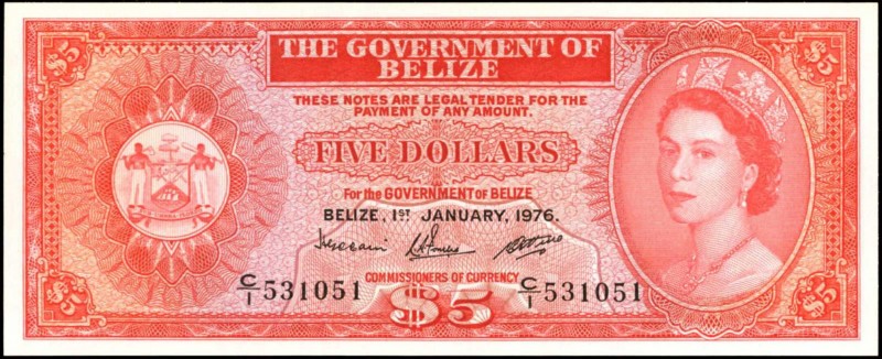 BELIZE. Government of Belize. 5 Dollars, 1976. P-35b. Uncirculated.
Dark red in...