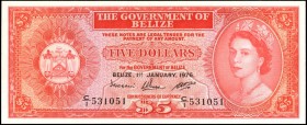 BELIZE. Government of Belize. 5 Dollars, 1976. P-35b. Uncirculated.
Dark red ink stands out on this Belize 5 Dollar note. QEII at right. Dated Januar...