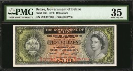 BELIZE. Government of Belize. 10 Dollars, 1976. P-36c. PMG Choice Very Fine 35.
Second highest denomination of this Queen Elizabeth II series. Third ...