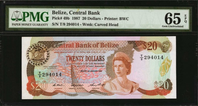 BELIZE. Central Bank of Belize. 20 Dollars, 1987. P-49b. PMG Gem Uncirculated 65...
