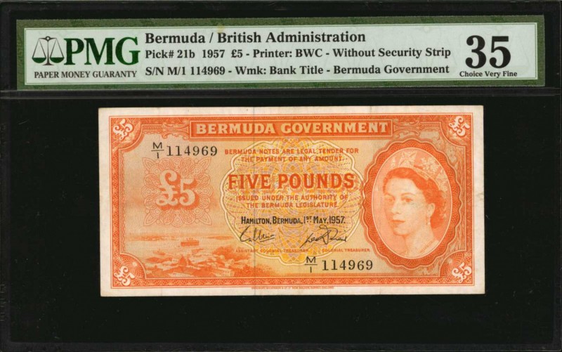 BERMUDA. British Administration. 5 Pounds, 1957. P-21b. PMG Choice Very Fine 35....