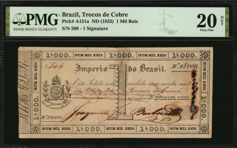 BRAZIL. Trocos de Cobre. 1 Mil Reis, ND (1833). P-A151a. PMG Very Fine 20 Net. T...