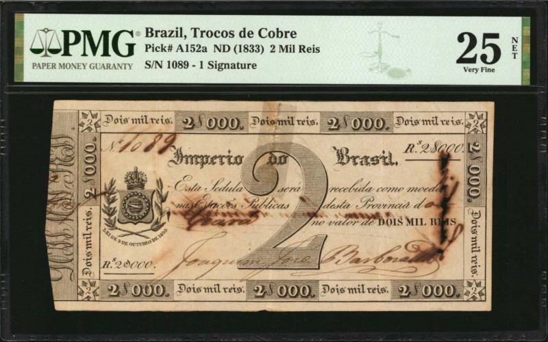 BRAZIL. Trocos de Cobre. 2 Mil Reis, ND (1833). P-A152a. PMG Very Fine 25 Net. T...