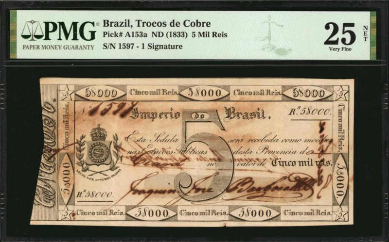BRAZIL. Trocos de Cobre. 5 Mil Reis, ND (1833). P-A153a. PMG Very Fine 25 Net. T...